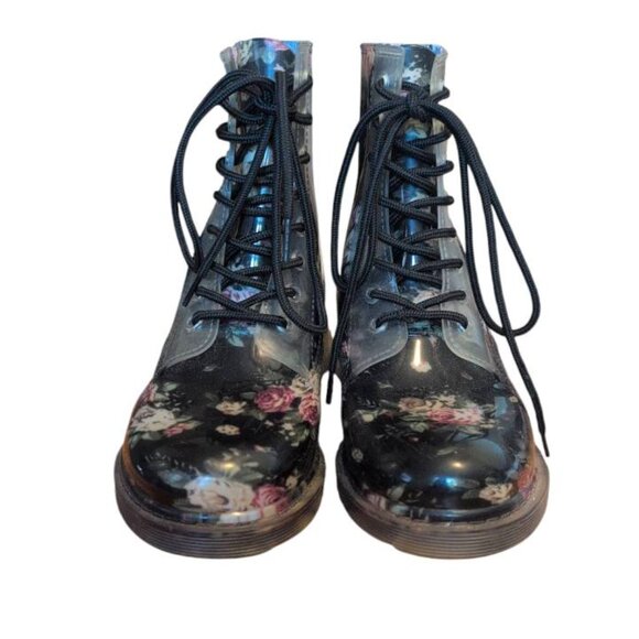 Rain Boots Lace up Black Floral Rain Transparent Waterproof Ankle Combat Boots - Picture 2 of 4
